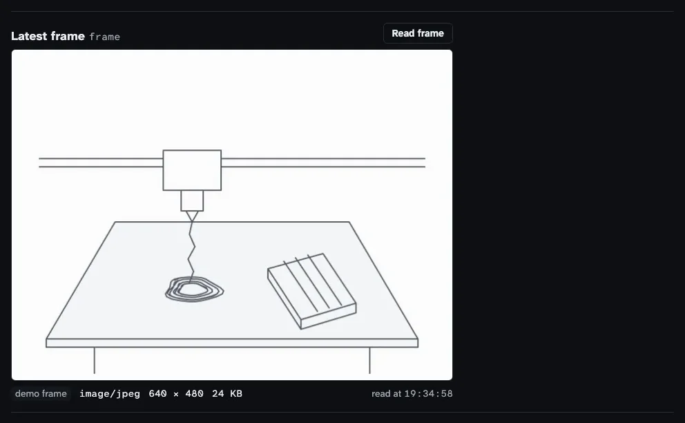 The Inspector's camera pane with the latest demo frame, a line drawing of the print knocked over on the bed, image/jpeg, 640 × 480, 24 KB