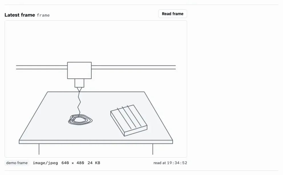 The Inspector's camera pane with the latest demo frame, a line drawing of the print knocked over on the bed, image/jpeg, 640 × 480, 24 KB
