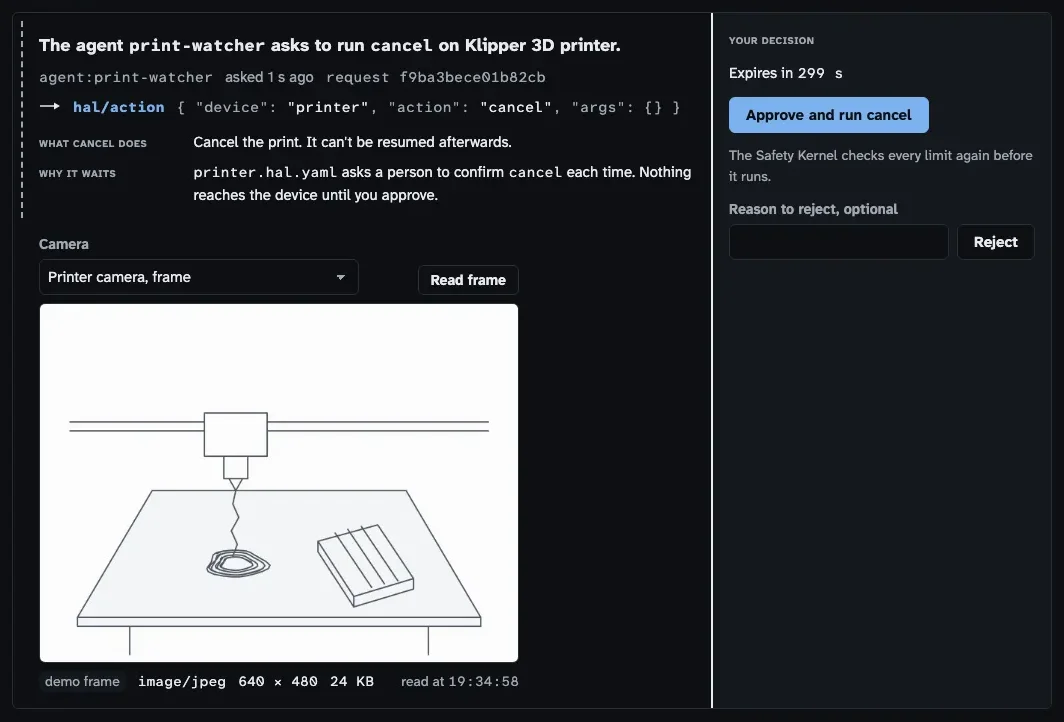 The Inspector's pending cancel. Because a cancelled print on the Klipper 3D printer can't be resumed, the agent print-watcher's request to run cancel waits for a person, with the camera's frame beside the Approve and run cancel and Reject buttons