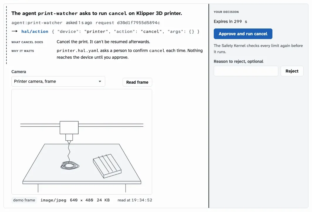 The Inspector's pending cancel. Because a cancelled print on the Klipper 3D printer can't be resumed, the agent print-watcher's request to run cancel waits for a person, with the camera's frame beside the Approve and run cancel and Reject buttons