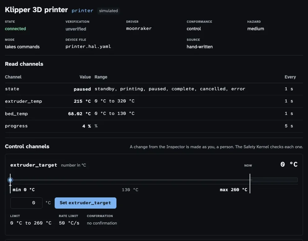 The Inspector's device pane for the simulated Klipper 3D printer, paused, with its temperatures and extruder_target limited to 0 °C to 260 °C