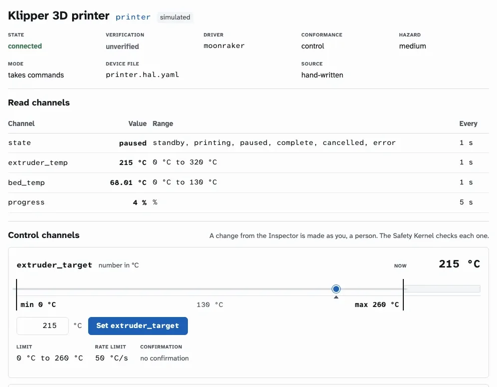 The Inspector's device pane for the simulated Klipper 3D printer, paused, with its temperatures and extruder_target limited to 0 °C to 260 °C